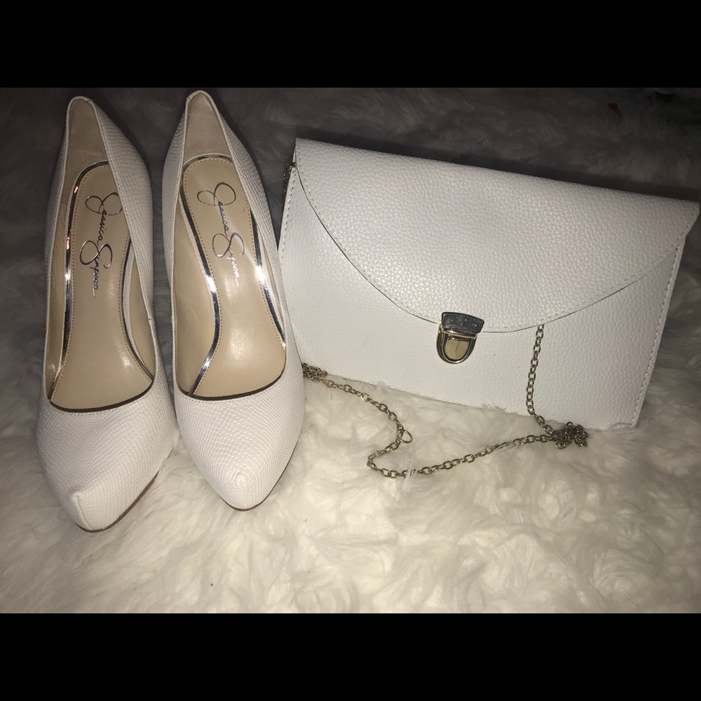 Jessica Simpson white pumps with matching clutch